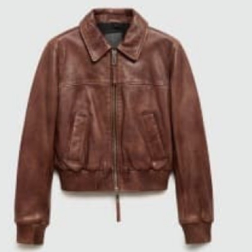 Mango 100% Leather Brown Jacket Size XS